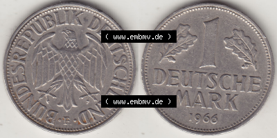 BRD Münze Deutschland Original Bild in PNG 1950-2001, 1 Eine Deutsche Mark, 1966 F-1 VS+RS horizontal Farbe (1) - Digitalisierte... Sammlung