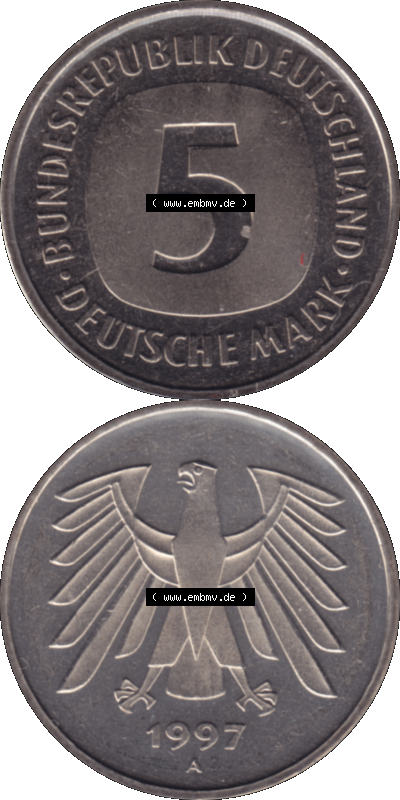 Münze der BRD-Deutschland 1997 Mzz. A für Berlin, 5 Deutsche Mark RS+VS vertikal Farbe Sammlung