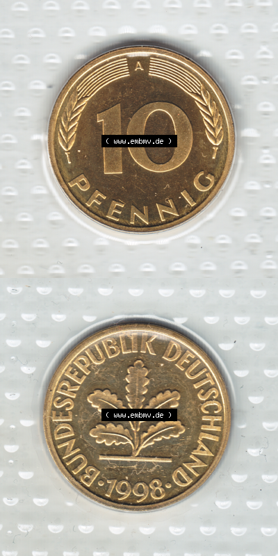 Münze der BRD-Deutschland 1998, Mzz. A für Berlin, 10 Pfennig RS+VS vertikal Farbe Sammlung