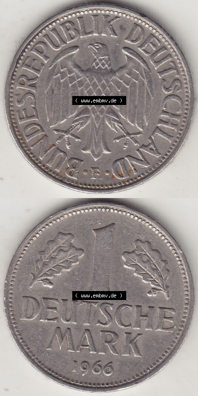 BRD Münze Deutschland Original Bild in PNG 1950-2001, 1 Eine Deutsche Mark, 1966 F-1 VS+RS vertikal Farbe (1) - Digitalisierte... Sammlung