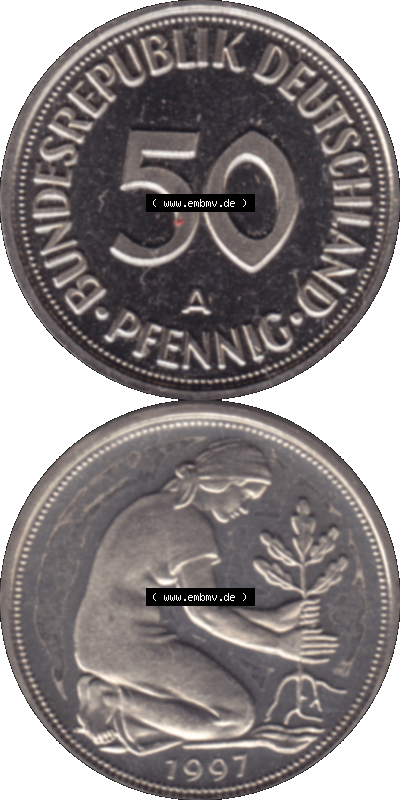 Münze der BRD-Deutschland 1997 Mzz. A für Berlin, 50 Deutsche Pfennig transparente RS+VS vertikal Farbe Sammlung