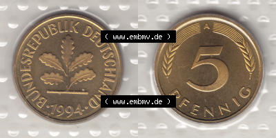 BRD Münzen KMS / Kursmünzensatz 1990-2001, 5 Pfennig 1994 Sammlung