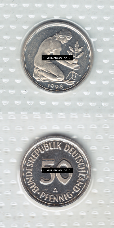 Münze der BRD-Deutschland 1998, Mzz. A für Berlin, 50 Pfennig VS+RS vertikal Farbe Sammlung