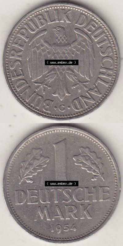 BRD Münze Deutschland Original Bild in PNG 1950-2001, 1 Eine Deutsche Mark, 1954 G-4 VS+RS vertikal Farbe (1) - Digitalisierte... Sammlung