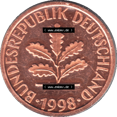 Münze der BRD-Deutschland 1998, Mzz. A für Berlin, Eine 1 Pfennig Transparent Vorderseite Sammlung