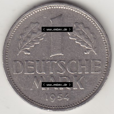BRD Münze Deutschland Original Bild in PNG 1950-2001, 1 Eine Deutsche Mark, 1954 G-3 Rückseite (1) - Digitalisierte Deutsche... Sammlung