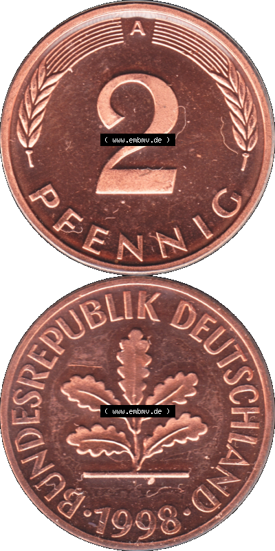 Münze der BRD-Deutschland 1998, Mzz. A für Berlin, Zwei 2 Pfennig Transparent RS+VS vertikal Farbe Sammlung