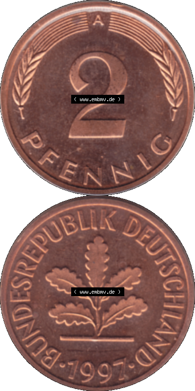 Münze der BRD-Deutschland 1997 Mzz. A für Berlin, 2 Deutscher Pfennig transparent RS+VS vertikal Farbe Sammlung