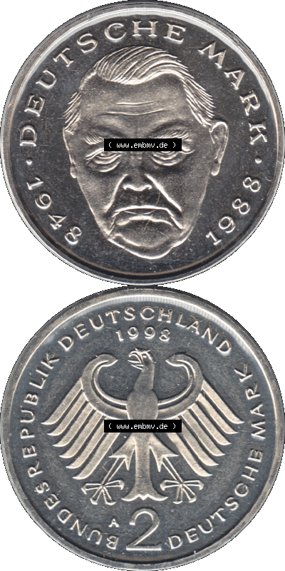 Münze der BRD-Deutschland 1998, Mzz. A für Berlin, Zwei 2 DM-Deutsche Mark Transparent Ludwig Erhard RS+VS vertikal Farbe Sammlung