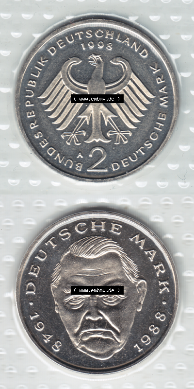 Münze der BRD-Deutschland 1998, Mzz. A für Berlin, 2 DM-Deutsche Mark Ludwig Erhard VS+RS vertikal Farbe Sammlung