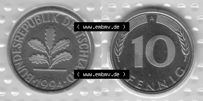 BRD-Deutschland Münzen 1994, 10 Pfennig Graustufen VS+RS horizontal Sammlung