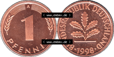 Münze der BRD-Deutschland 1998, Mzz. A für Berlin, Eine 1 Pfennig Transparent RS+VS horizontal Farbe Sammlung