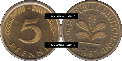 Münze der BRD-Deutschland 1997 Mzz. A für Berlin, 5 Deutscher Pfennig transparent RS+VS horizontal Farbe Sammlung