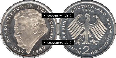 Münze der BRD-Deutschland 1998, Mzz. A für Berlin, Zwei 2 DM-Deutsche Mark Transparent Franz Josef Strauß RS+VS horizontal... Sammlung