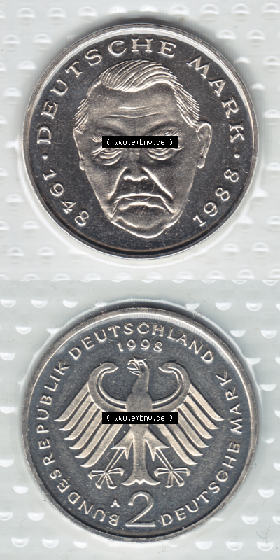 Münze der BRD-Deutschland 1998, Mzz. A für Berlin, 2 DM-Deutsche Mark Ludwig Erhard RS+VS vertikal Farbe Sammlung