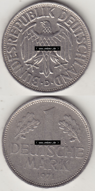 BRD Münze Deutschland Original Bild in PNG 1950-2001, 1 Eine Deutsche Mark, 1971 D-1 VS+RS vertikal Farbe (1) - Digitalisierte... Sammlung