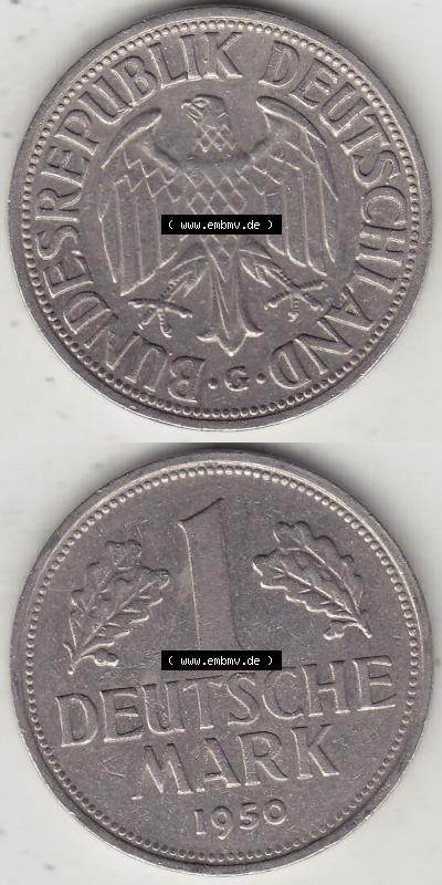 BRD Münze Deutschland Original Bild in PNG 1950-2001, 1 Eine Deutsche Mark, 1950 G-3 VS+RS vertikal Farbe (1) - Digitalisierte... Sammlung