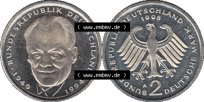 Münze der BRD-Deutschland 1998, Mzz. A für Berlin, Zwei 2 DM-Deutsche Mark Transparent Willy Brandt RS+VS horizontal Farbe Sammlung