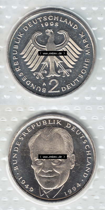 Münze der BRD-Deutschland 1998, Mzz. A für Berlin, 2 DM-Deutsche Mark Willy Brandt VS+RS vertikal Farbe Sammlung