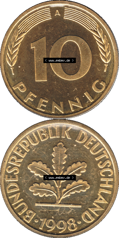 Münze der BRD-Deutschland 1998, Mzz. A für Berlin, 10 Pfennig Transparent RS+VS vertikal Farbe Sammlung