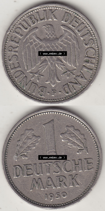 BRD Münze Deutschland Original Bild in PNG 1950-2001, 1 Eine Deutsche Mark, 1950 F-5 VS+RS vertikal Farbe (1) - Digitalisierte... Sammlung