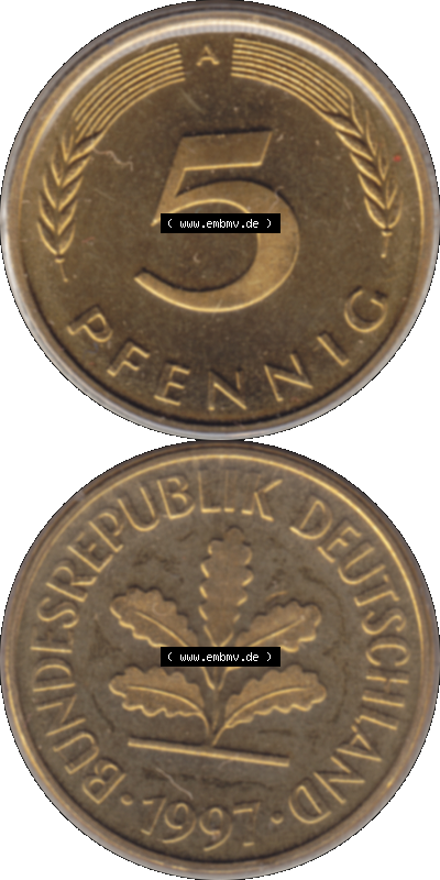 Münze der BRD-Deutschland 1997 Mzz. A für Berlin, 5 Deutscher Pfennig transparent RS+VS vertikal Farbe Sammlung