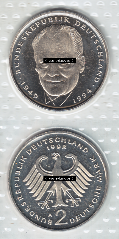 Münze der BRD-Deutschland 1998, Mzz. A für Berlin, 2 DM-Deutsche Mark Willy Brandt RS+VS vertikal Farbe Sammlung