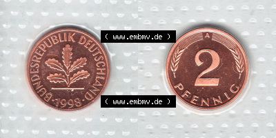 Münze der BRD-Deutschland 1998, Mzz. A für Berlin, 2 Pfennig VS+RS horizontal Farbe Sammlung