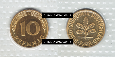 Münze der BRD-Deutschland 1998, Mzz. A für Berlin, 10 Pfennig RS+VS horizontal Farbe Sammlung