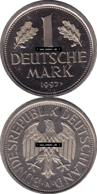 Münze der BRD-Deutschland 1997 Mzz. A für Berlin, 1 Deutsche Mark RS+VS vertikal Farbe Sammlung