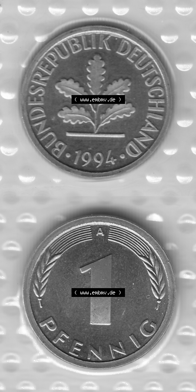 BRD-Deutschland Münzen 1994, 1 Pfennig Graustufen VS+RS vertikal Sammlung