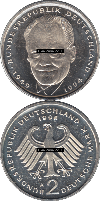 Münze der BRD-Deutschland 1998, Mzz. A für Berlin, Zwei 2 DM-Deutsche Mark Transparent Willy Brandt RS+VS vertikal Farbe Sammlung