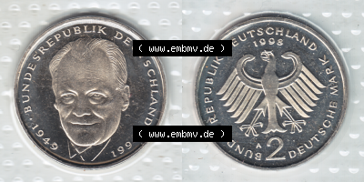Münze der BRD-Deutschland 1998, Mzz. A für Berlin, 2 DM-Deutsche Mark Willy Brandt RS+VS horizontal Farbe Sammlung
