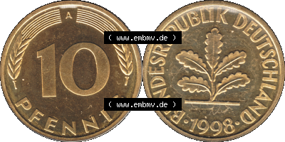 Münze der BRD-Deutschland 1998, Mzz. A für Berlin, 10 Pfennig Transparent RS+VS horizontal Farbe Sammlung