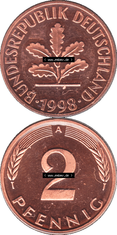 Münze der BRD-Deutschland 1998, Mzz. A für Berlin, Zwei 2 Pfennig Transparent VS+RS vertikal Farbe Sammlung