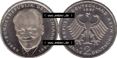 Münze der BRD-Deutschland 1997 Mzz. A für Berlin, 2 Deutsche Mark Gedenkmünze Willy Brandt RS+VS horizontal Farbe Sammlung