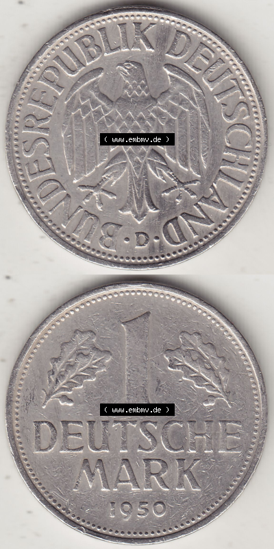 BRD Münze Deutschland Original Bild in PNG 1950-2001, 1 Eine Deutsche Mark, 1950 D-5 VS+RS vertikal Farbe (1) - Digitalisierte... Sammlung
