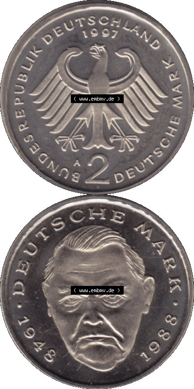 Münze der BRD-Deutschland 1997 Mzz. A für Berlin, 2 Deutsche Mark Gedenkmünze Ludwig Erhard VS+RS vertikal Farbe Sammlung