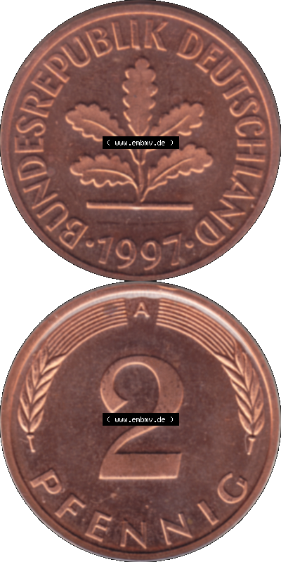 Münze der BRD-Deutschland 1997 Mzz. A für Berlin, 2 Deutscher Pfennig transparent VS+RS vertikal Farbe Sammlung