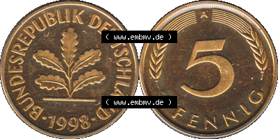 Münze der BRD-Deutschland 1998, Mzz. A für Berlin, Fünf 5 Pfennig Transparent VS+RS horizontal Farbe Sammlung