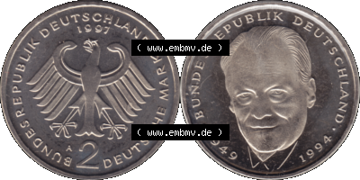 Münze der BRD-Deutschland 1997 Mzz. A für Berlin, 2 Deutsche Mark Gedenkmünze Willy Brandt VS+RS horizontal Farbe Sammlung
