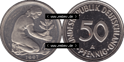 Münze der BRD-Deutschland 1997 Mzz. A für Berlin, 50 Deutsche Pfennig transparente VS+RS horizontal Farbe Sammlung