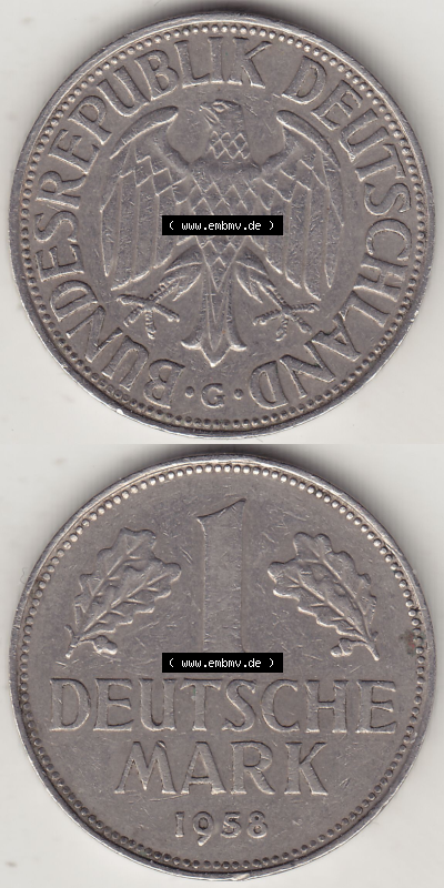 BRD Münze Deutschland Original Bild in PNG 1950-2001, 1 Eine Deutsche Mark, 1958 G-1 VS+RS vertikal Farbe (1) - Digitalisierte... Sammlung