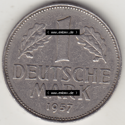 BRD Münze Deutschland Original Bild in PNG 1950-2001, 1 Eine Deutsche Mark, 1957 J-1 Rückseite (1) - Digitalisierte Deutsche... Sammlung