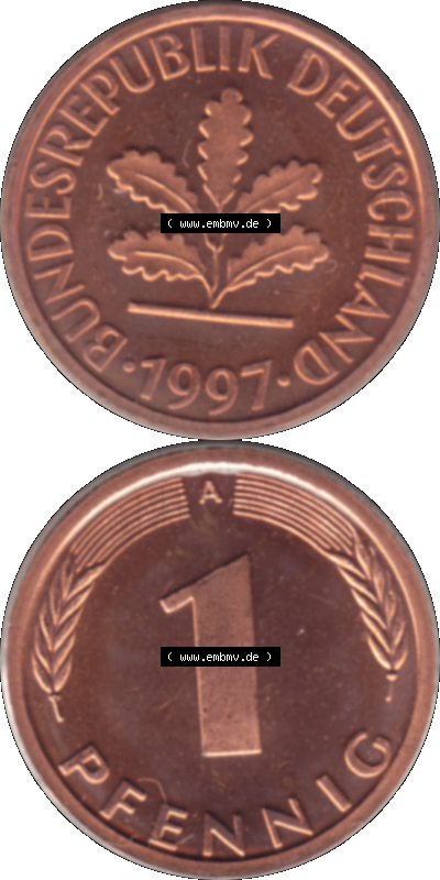 Münze der BRD-Deutschland 1997 Mzz. A für Berlin, 1 Deutscher Pfennig transparent VS+RS vertikal Farbe Sammlung