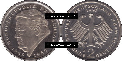 Münze der BRD-Deutschland 1997 Mzz. A für Berlin, 2 Deutsche Mark Gedenkmünze Franz Josef Strauß RS+VS horizontal Farbe Sammlung