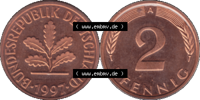 Münze der BRD-Deutschland 1997 Mzz. A für Berlin, 2 Deutscher Pfennig transparent VS+RS horizontal Farbe Sammlung