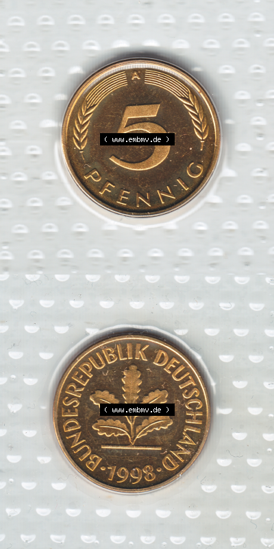 Münze der BRD-Deutschland 1998, Mzz. A für Berlin, 5 Pfennig RS+VS vertikal Farbe Sammlung