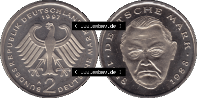 Münze der BRD-Deutschland 1997 Mzz. A für Berlin, 2 Deutsche Mark Gedenkmünze Ludwig Erhard VS+RS horizontal Farbe Sammlung