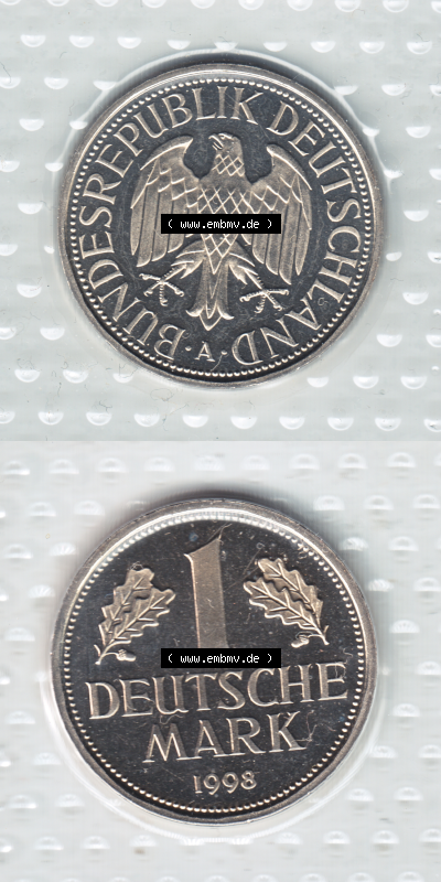 Münze der BRD-Deutschland 1998, Mzz. A für Berlin, 1 DM Deutsche Mark VS+RS vertikal Farbe Sammlung